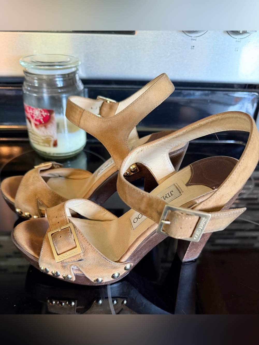 Jimmy Choo Tan Suede Buckle Platform Wooden Sandals - Picture 2 of 6
